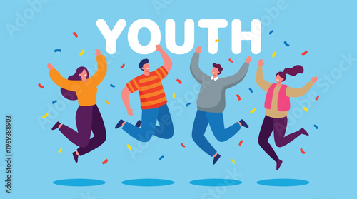 Diverse Happy Young People Jumping and Celebrating Success with Confetti Flat Vector Illustration for Marketing and Education