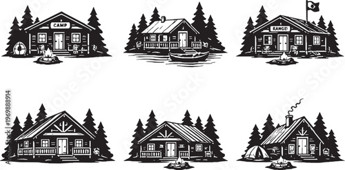 Camping Cabins Silhouette Set Forest Lake Ranger Wilderness Camp Cabin Houses Vector