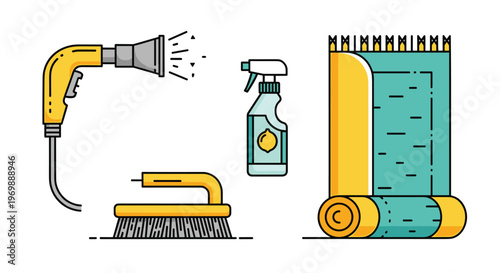 Vector illustration of cleaning tools including a brush spray bottle and mop, Generative AI.
