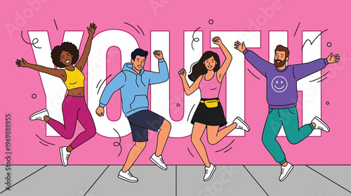 Diverse Group of Happy Young People Jumping and Dancing with Youth Text Background for Gen Z Marketing and Social Promotion
