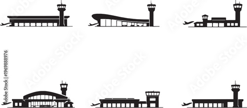 Airport building silhouettes bundle, airport terminal architecture icons set, departure hall control tower aviation buildings black silhouette collection