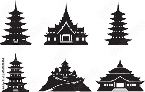 Asian pagoda and Buddhist temple silhouettes set multi tier towers monastery architecture black silhouette isolated on white