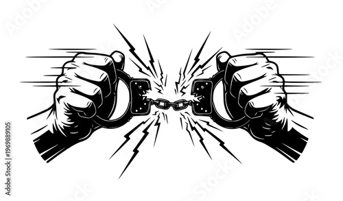 Breaking handcuffs liberation concept black and white vector illustration