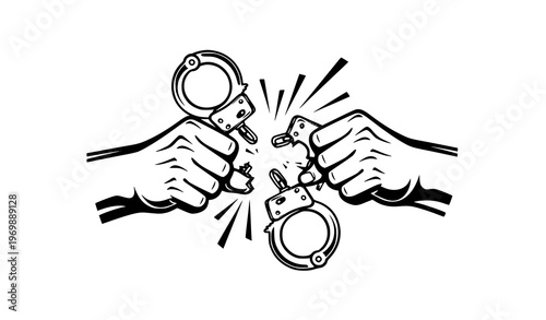 Hands breaking chains handcuffs anti oppression vector illustration