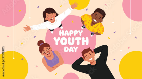 Diverse Happy Young People Group Celebrating International Youth Day Flat Vector Illustration with Confetti and Joyful Atmosphere