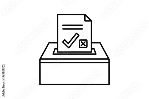 Illustration of a ballot box with a ballot marked with a check and a cross, symbolizing voting and democracy in a minimalist line art style.
