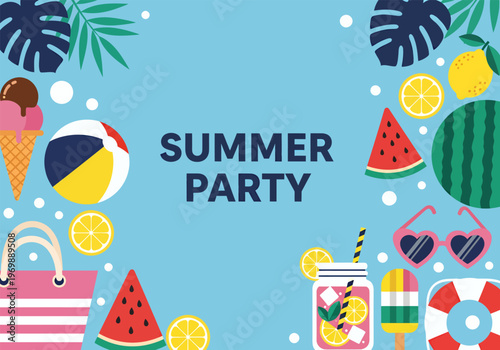 A colorful summer holiday background featuring a festive tree with balls, gifts, and tropical fruits for a happy party celebration design vector illustration