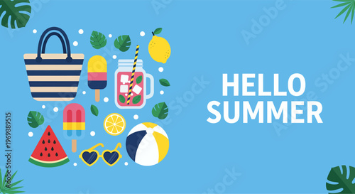 Bright summer holiday background featuring flip flops and a colorful circular pattern design as a graphical web element for a social media