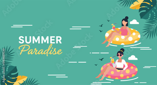 Two girls swimming in the beach, celebrating summer season, vector illustration