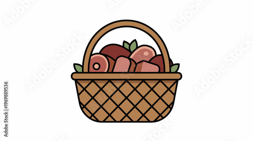 A woven basket brimming with a variety of delicious cuts of raw meat, perfect for culinary adventures and grocery shopping
