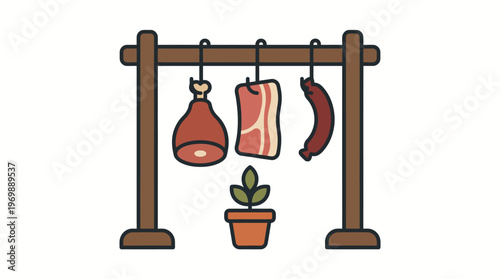A charming illustration depicting smoked meats hanging from a rustic wooden rack, with a small potted plant adding a touch of green to the scene, perfect for a farm-to-table or artisanal food theme