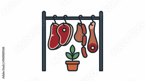 Graphic illustration of various fresh meat products, including steaks and sausages, hanging on a display rack, accompanied by a small potted plant, symbolizing a blend of butchery and natural produce
