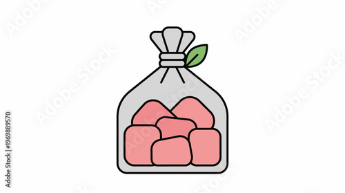 A transparent plastic bag filled with pink cubes, tied at the top with a green leaf accent