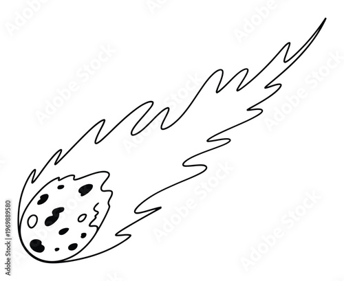 Cartoon meteor with a fiery tail streaking across a white background