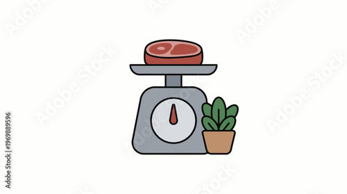 Icon of a weighing scale with a steak on one side and a potted plant on the other, symbolizing diet and nutrition