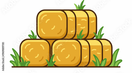 Stack of square hay bales with green grass, representing harvest, agriculture, and rural farm life in a charming cartoon illustration style