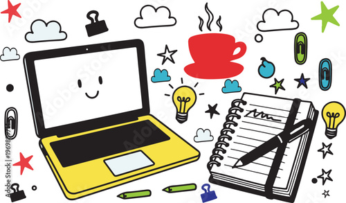 Workplace creative doodles with laptop notebook coffee and office supplies on transparent background.