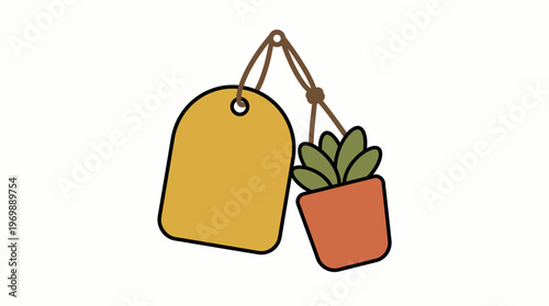 Simple line art icon depicting a cozy potted succulent hanging next to a mustard yellow blank tag, ideal for themes of gardening, gifts, or decorative labeling