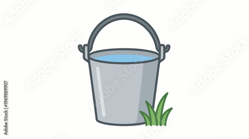A Simple illustration of a metal bucket filled with water, with blades of grass growing beside it, symbolizing basic needs or simple tasks