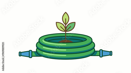 Green hose with a seedling sprouting from the coil, representing gardening and plant growth, ideal for environmental or horticultural themes