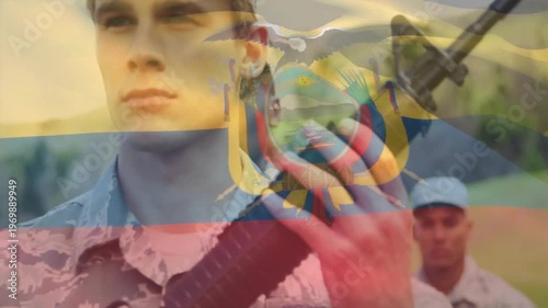 Holding rifle, soldier with Ecuadorian flag animation overlay in background