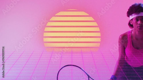 Holding racket, player in retro tennis scene with neon sun and grid animation
