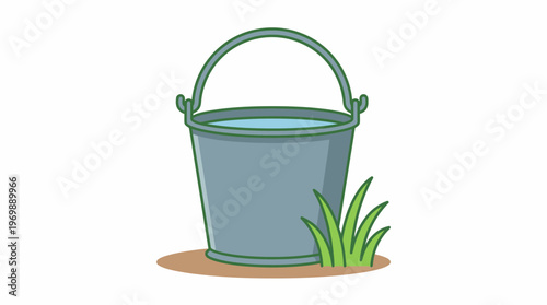 Simple illustration of a metal bucket filled with water and some green grass on a brown patch of ground, vector art