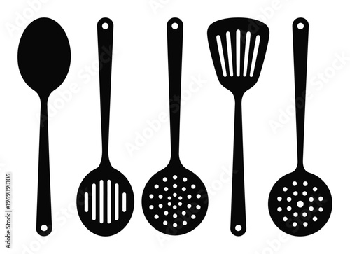 Collection of Black Kitchen Utensils on White Background