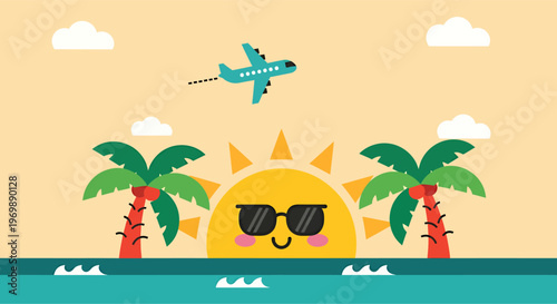 Summer travel vector illustration featuring a tropical paradise island with palm trees and sunny beach waves for a sea resort holiday vacation