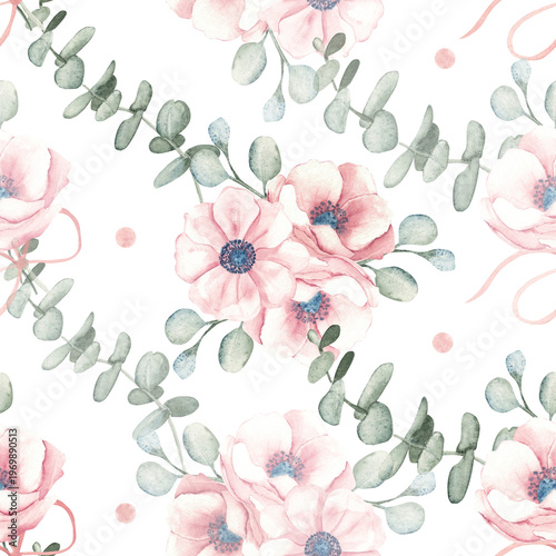 Watercolor seamless pattern with soft pink anemone flowers and eucalyptus leaves with delicate pastel accents. Ideal for feminine designs, textiles, wedding stationery, and romantic backgrounds.