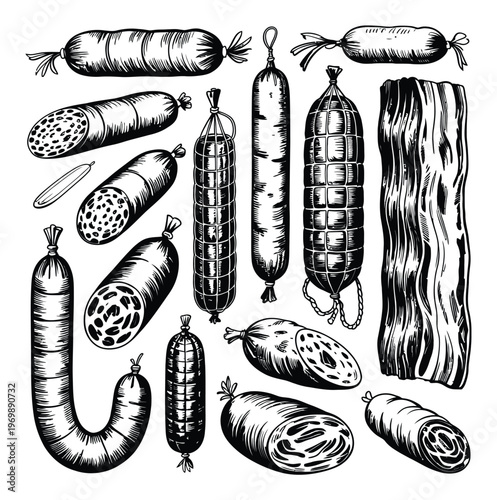 A Collection of Hand-Drawn Sausages and Cured Meats