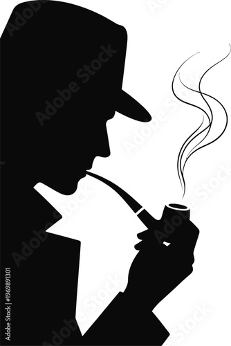 Vintage Detective Silhouette Smoking Pipe Vector Illustration
