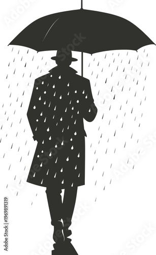 Man in Trench Coat with Umbrella Walking in Rain Silhouette
