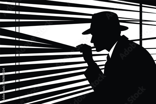 Man Peeking through Window Blinds in Film Noir Style Silhouette
