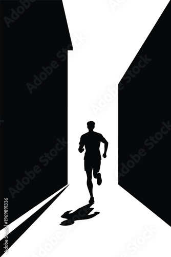 Man Running in Narrow Alley Silhouette High Contrast Noir Art
