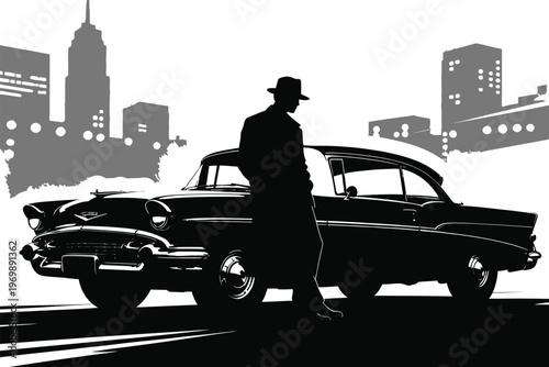 Classic Detective Silhouette with Vintage Car and City Backdrop
