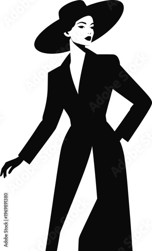 Fashionable Woman in Suit and Wide Brim Hat Silhouette
