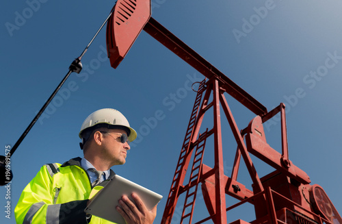 Construction engineer wearing safety vest and oil industry pumps
