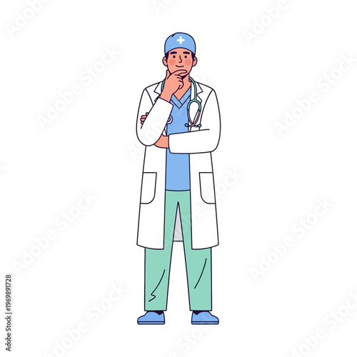 Doctor Thinking Pose with Stethoscope and Lab Coat - Medical Professional Illustration