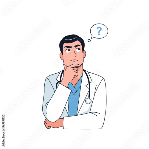 Doctor Thinking With Question Mark Thought Bubble, Medical Doubt, Healthcare Decision