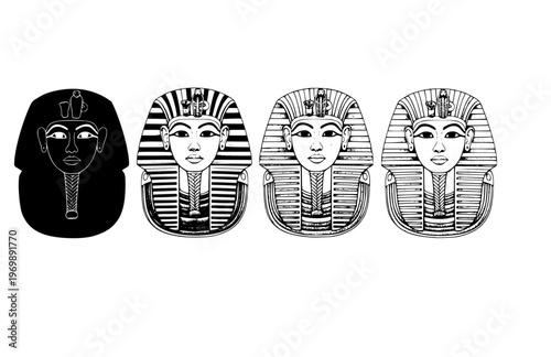 Ancient King Tutankhamun Mask Silhouette Sticker, Artifact Realism Stencil Vector, Hand Etched Pharaonic Museum Specimen