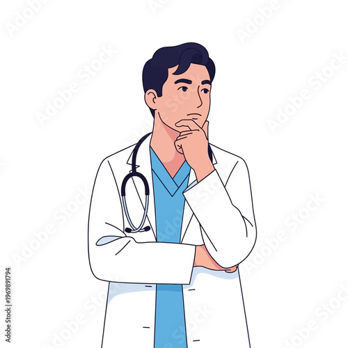 Doctor thinking, contemplating medical diagnosis with hand on chin, white background