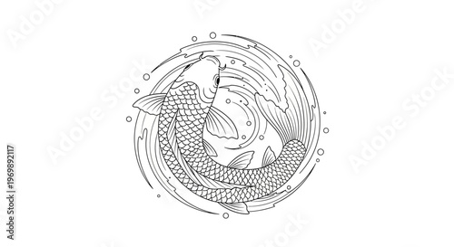 Yin Yang Koi Fish Symbol with Water Ripples Illustration