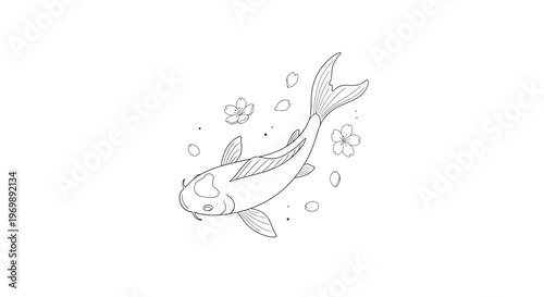 Minimalist Koi Fish and Cherry Blossoms Outline Drawing