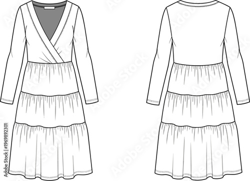 Fashionable Tiered Maxi Dress Technical Drawing for Design Professionals: Elegant Long Sleeve V-Neck Design with Full Skirt for Apparel Creation and Style Guides