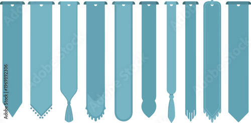 Blue decorative ribbons and bookmarks set with various shapes for web design header labels or vertical banner elements.