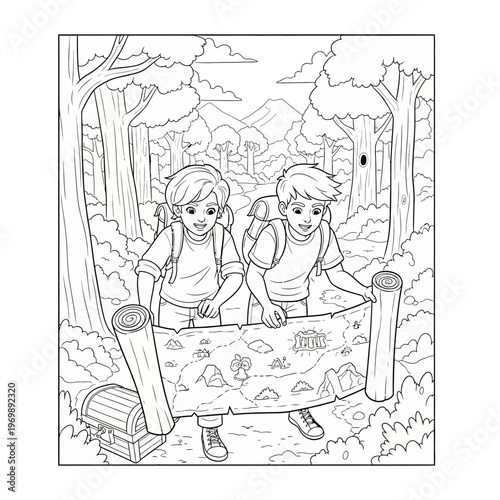 Best Friends on an Exciting Treasure Hunt Shared Adventures Coloring Page for Tweens. transparent.