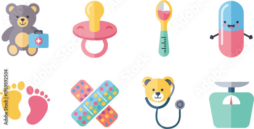 Baby medical icons featuring teddy bear with first aid kit pacifier baby spoon capsule pill footprint bandages teddy bear with stethoscope and baby scale.