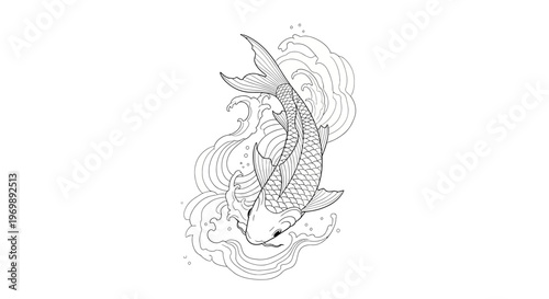 Japanese Koi Fish Tattoo Design Outline, Black Ink Drawing, Oriental Art