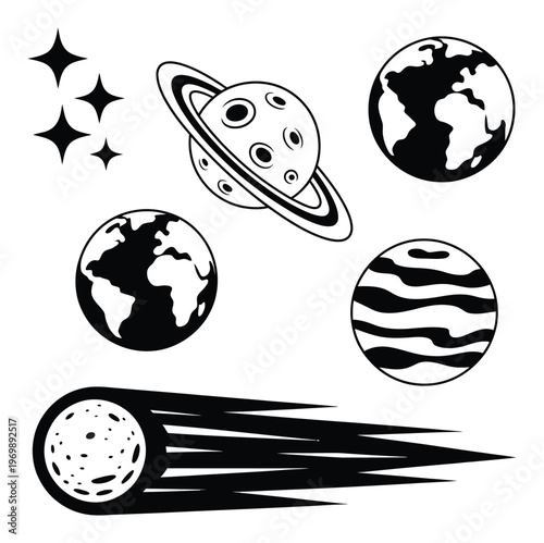 Collection of Stylized Celestial Bodies and Stars in Black and White